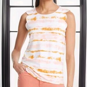 Ann Taylor Factory Scallop Sleeve Shell Blouse Large White Salmon Bronze Striped